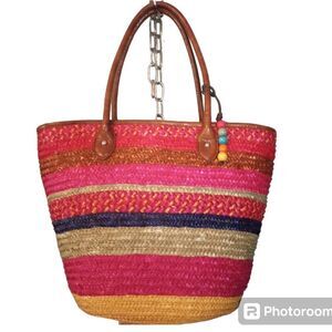 Style & Co large multi colored wicker tote with bead accent & zipper c…